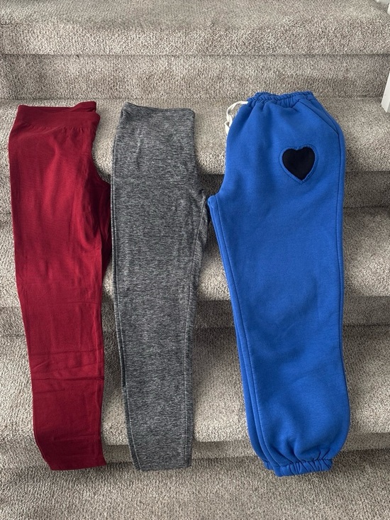 Pants - Woman Blue Heart Patch Sweatpants, red and gray leggins- Unbranded